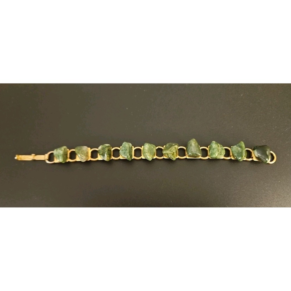 VINTAGE Polished Gemstone Bracelet 7" Green Malachite Gems Gold Tone RETRO 70s